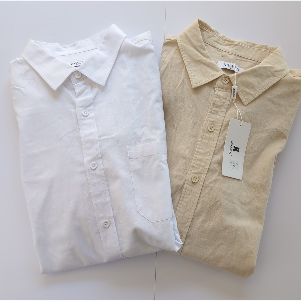Lot of 2 NWT Jekaoyi Shirts Mens XL White Beige Cotton Linen Casual Summer Beach